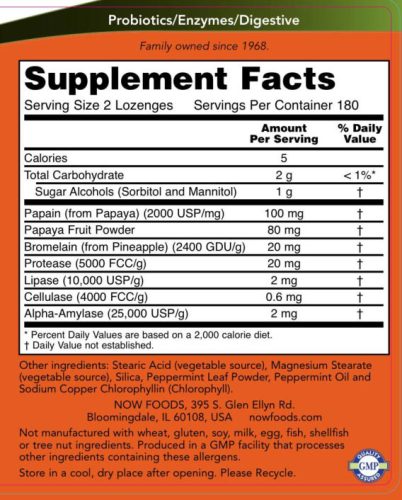 Now Foods Papaya Enzim szopogató (360 Szopogató Tabletta)