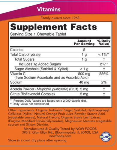 Now Foods C-vitamin 500 mg rágótabletta - Vitamin C-500 Chewable (100 Szopogató Tabletta, Narancs)