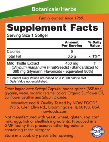 Now Foods Extra Erős Méregtelenítő Máriatövis 450 mg lágykapszula - Silymarin Milk Thistle (120 Lágykapszula)