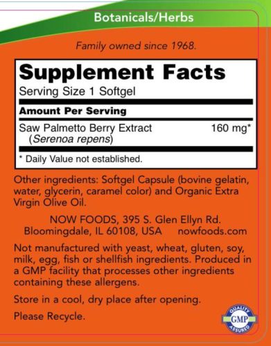 Now Foods Saw Palmetto Extract - Fűrészpálma Kivonat 160 mg (120 Lágykapszula)