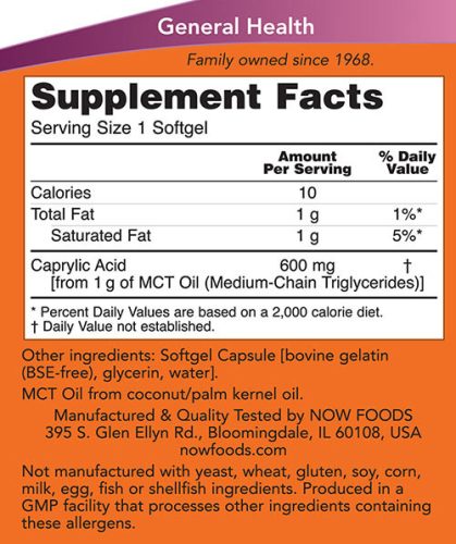 Now Foods Kaprilsav 600 mg (100 Lágykapszula)