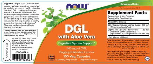 Now Foods Deglicirrizinált Édesgyökér kapszula Aloe Verával - DGL With Aloe Vera (100 Veg Kapszula)