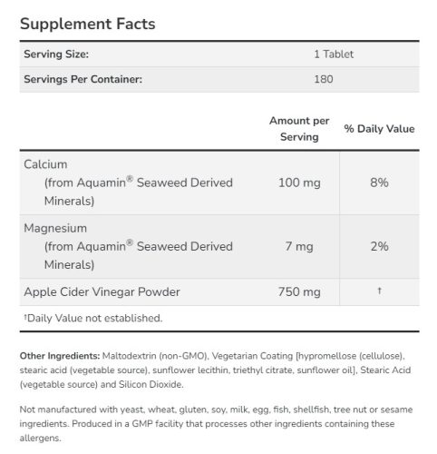 Now Foods Apple Cider Vinegar (750 mg) (180 Tabletta)