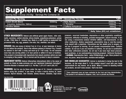 Universal Nutrition Animal Fury - Edzés Előtti Teljesítményfokozó (496 g, Zöld Alma)