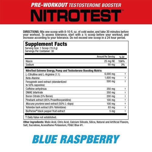 MuscleMeds Nitrotest - Edzés Előtti Energizáló és Tesztoszteronfokozó (474 g, Kékmálna)