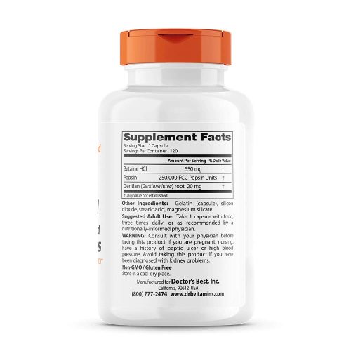 Doctor's Best Betaine HCL Pepsin kapszula és Gentian Bitters (120 Kapszula)