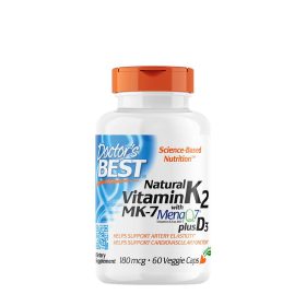   Doctor's Best Természetes K2-vitamin (MK7) 180 mcg + D3 1000 NE - Natural Vitamin K2 (MK7) 180 mcg + D3 1000 IU (60 Veggie Kapszula)