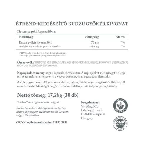 Vitaking Kudzu kivonat 70 mg - 2000 mg kudzu gyökérből  (30 Kapszula)