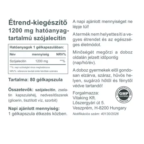 Vitaking Szója Lecitin 1200 mg (80 Lágykapszula)
