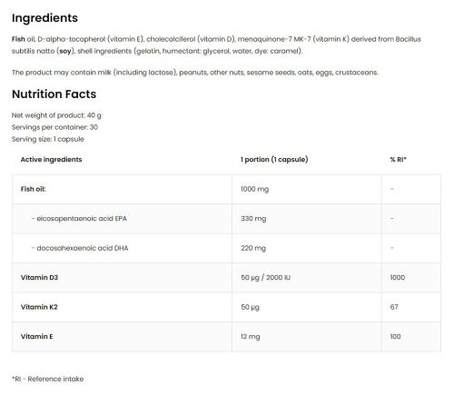 OstroVit Pharma Elite Omega 3 D3 + K2 (30 Kapszula)