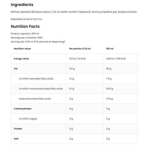 OstroVit Cooking Spray - Vaj ízesítésű (250 ml)